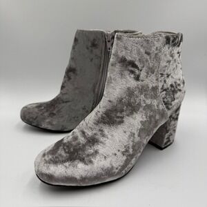 Diba Silver Grey Crushed Velvet Ankle Boots Block Heel Side Zip Womens 7.5M